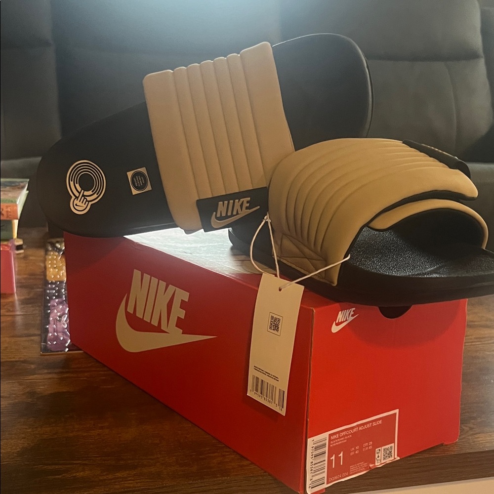 Nike Black and Khaki Adjustable Slides
